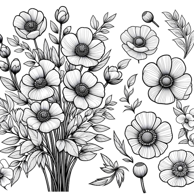 Les fleurs à colorier les meilleures pages à colorier pour enfants dans le style de croquis en noir et blanc comme