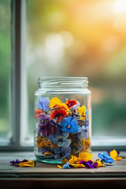 Des fleurs comestibles, des pansy colorées dans un pot en verre.