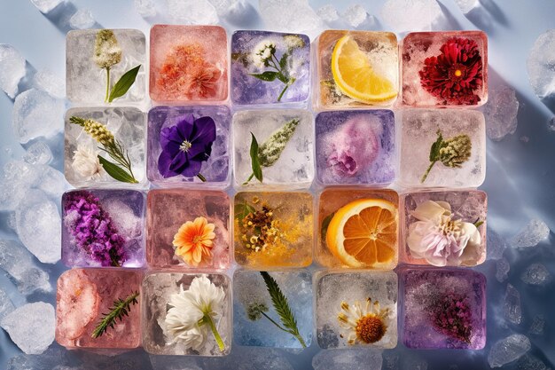 Des fleurs congelées dans des cubes de glace