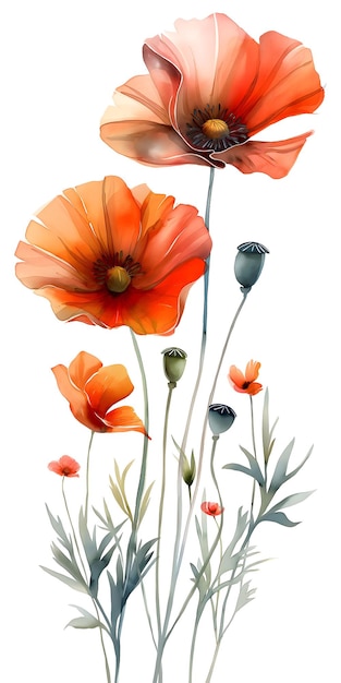 Des fleurs, des coquelicots rouges, des éléments de conception en aquarelle sur fond blanc avec un chemin de coupe