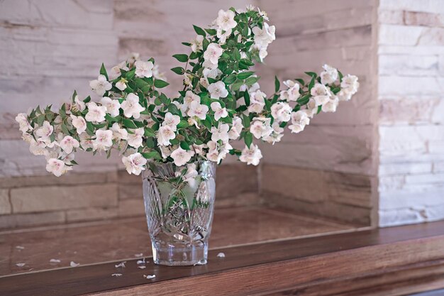 Fleurs de cornouiller anglais ou de mockorange doux dans un vase Fleurs coronaires de Philadelphus dans un vase en cristal tendance sur une étagère de cheminée bouquet d'été blanc