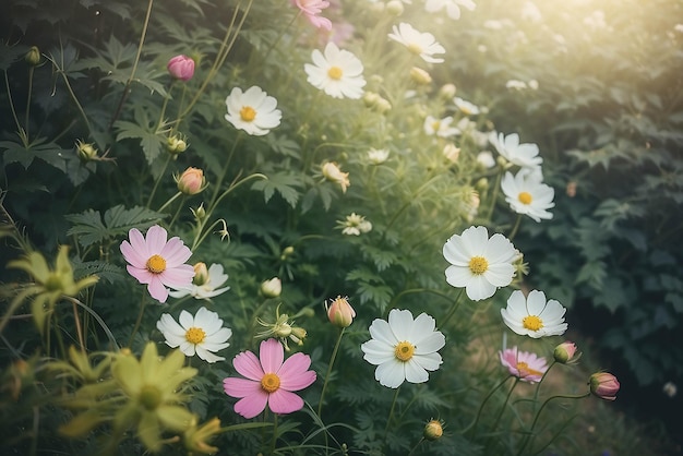 Des fleurs cosmos dans le jardin avec un fond d'espace de copie de style vintage au focus doux