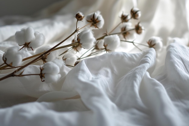 Fleurs de coton blanches sur fond de tissu de coton blanc pour la mode durable ou les produits biologiques