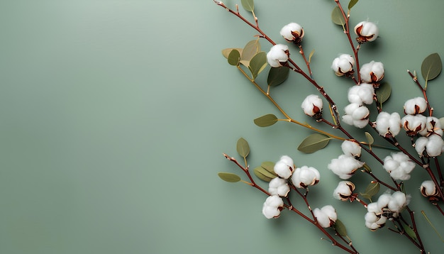 Photo des fleurs de coton et des brindilles de plantes sur un fond vert