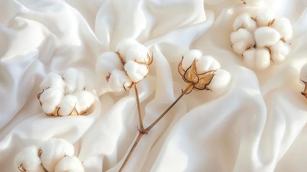 Des fleurs de coton douces et délicates sur un fond de soie blanche luxueuse L'image évoque des sentiments de pureté de fraîcheur et de beauté naturelle