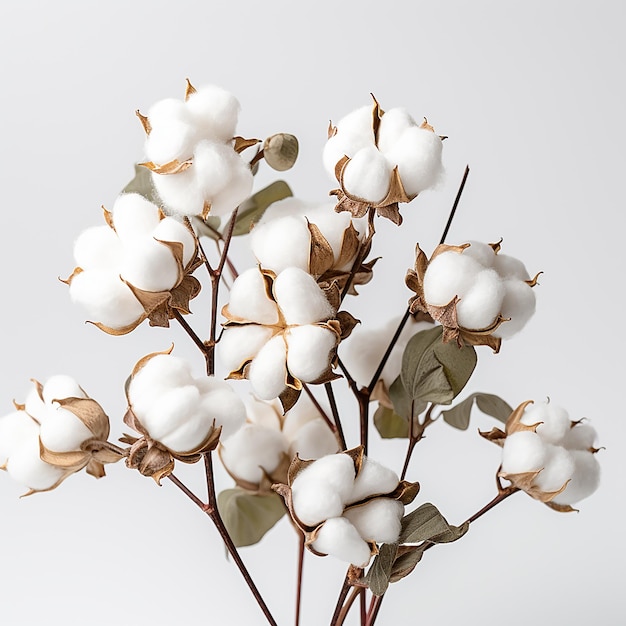 Des fleurs de coton isolées sur un fond blanc