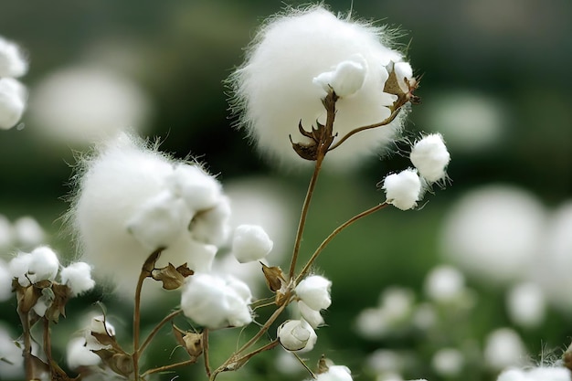 Fleurs de coton mûres sur fond vert de vraie nature