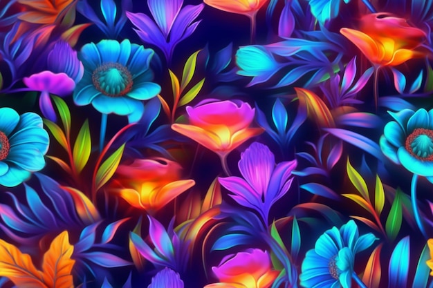 Photo fleurs de couleurs vives sont dans un champ de vert et violet générative ai