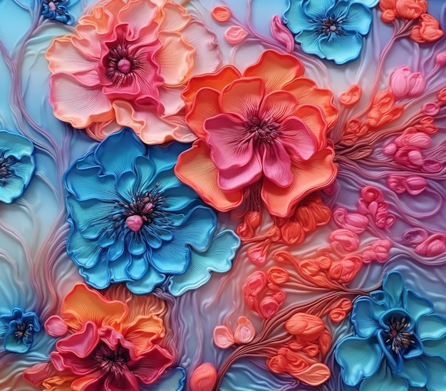 des fleurs de couleurs vives sont disposées sur une surface bleue générative ai