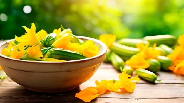 Des fleurs de courgette dans un bol dans le jardin Focus sélectif