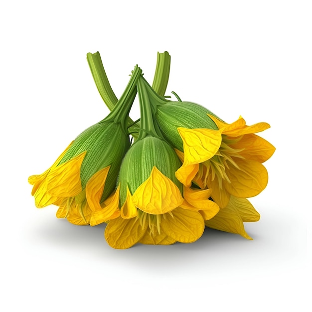 Des fleurs de courgette jaunes isolées sur un fond blanc illustration 3D