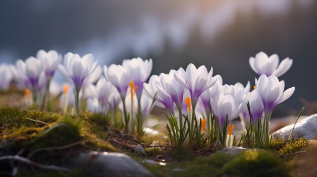 Des fleurs de crocus miniatures enchantantes dans une mousse éthérée éclairée par le soleil