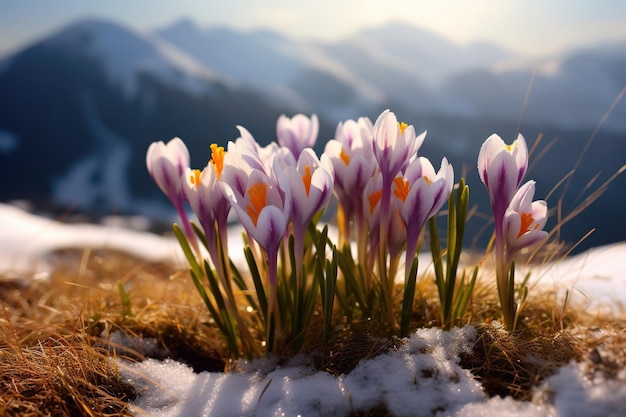 Les fleurs de crocus avec la neige d'hiver