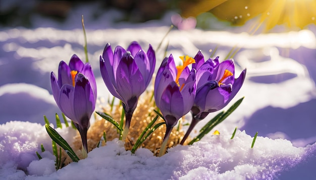 Fleurs de crocus pourpres dans la neige se réveillant au printemps aux chauds rayons dorés du soleil