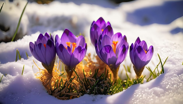 Fleurs de crocus pourpres dans la neige se réveillant au printemps aux chauds rayons dorés du soleil