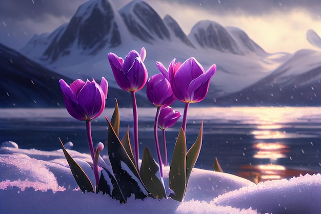 fleurs de crocus de printemps violet fleurissant au-dessus des montagnes