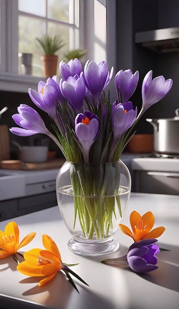 Photo des fleurs de crocus violets dans un petit vase sur la table de la cuisine