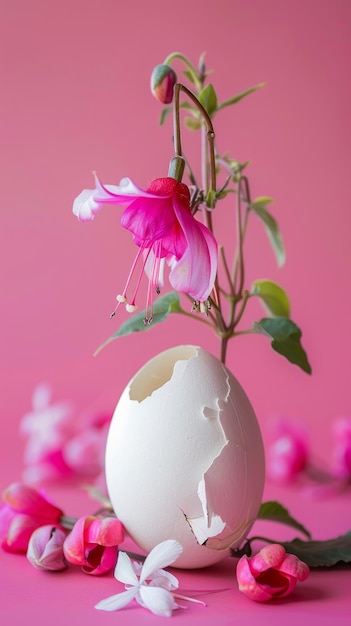 Les fleurs cueillies dans la prairie poussent à partir d'un œuf de poule au fond du fuchsia.