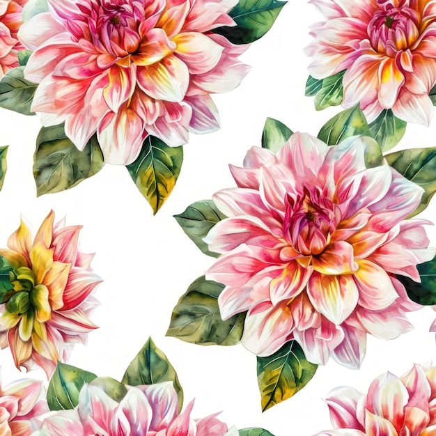 Fleurs de dahlia aquarelle avec motif sans couture de feuilles