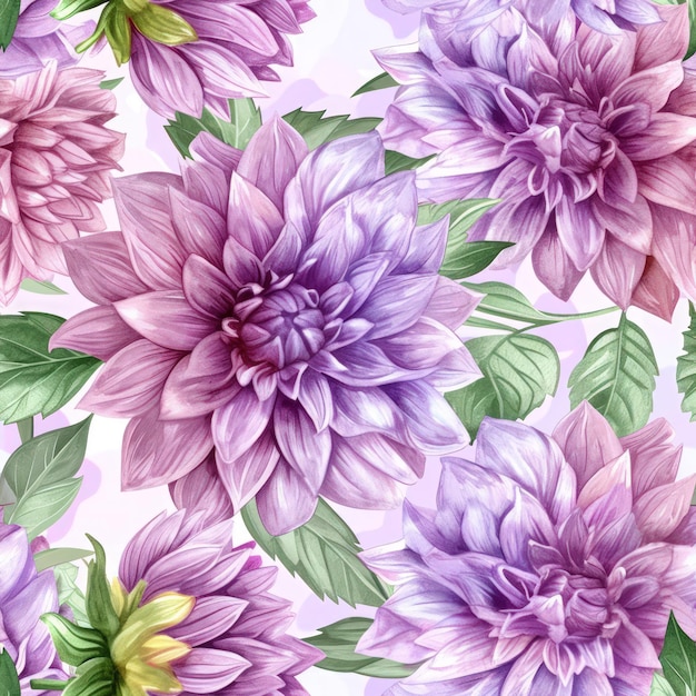 Fleurs de dahlia aquarelle avec motif sans couture de feuilles