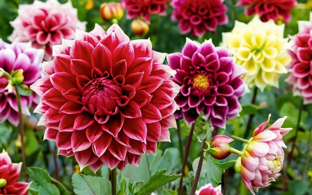 Des fleurs de dahlia colorées dans le jardin