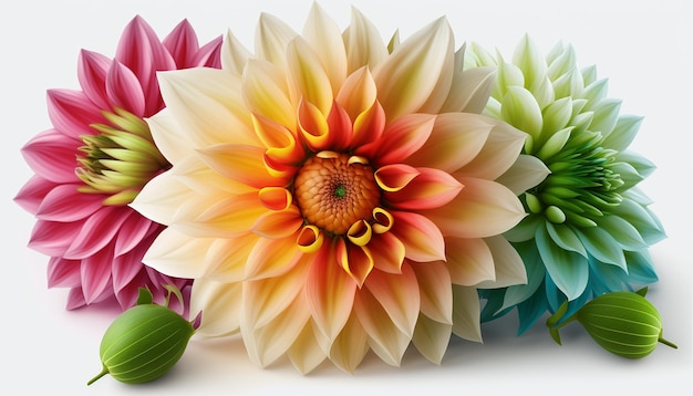 Fleurs de dahlia colorées fond blanc Créé par Midjourney