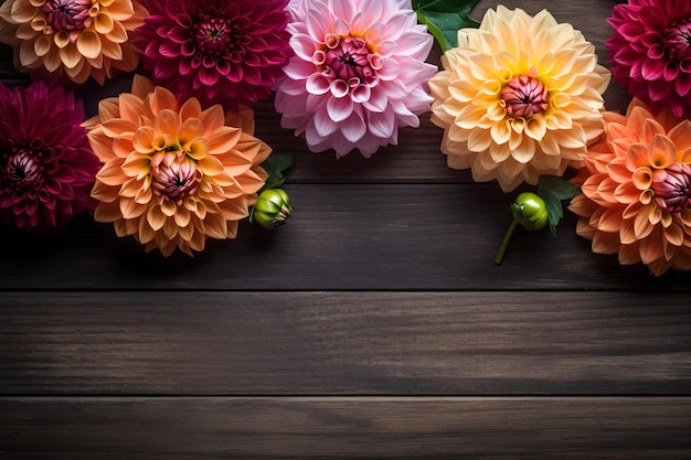 Fleurs de dahlia sur fond en bois floral plat couché Valentin femmes jour de la mère anniversaire ou concept de mariage Vue supérieure Espace de copie généré par l'IA