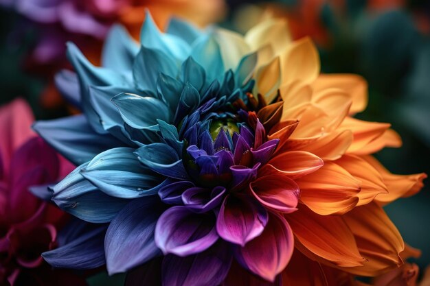 Des fleurs de dahlia vibrantes et multicolores en gros plan Un gros plan coloré de fleurs en fleurs vibrantes