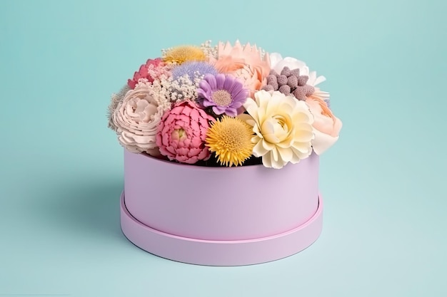 Fleurs dans une boîte cadeau de luxe ronde sur fond pastel AI générative