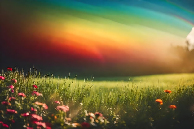 Fleurs dans un champ avec un arc-en-ciel en arrière-plan