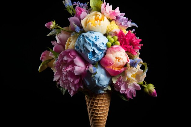 Des fleurs dans un cône de crème glacée sur bleu