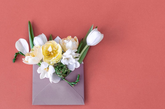 Fleurs dans une enveloppe sur fond plat plat