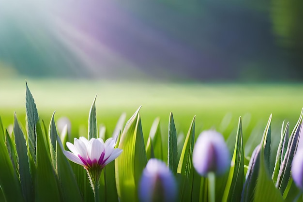 des fleurs dans l'herbe avec le soleil derrière elles