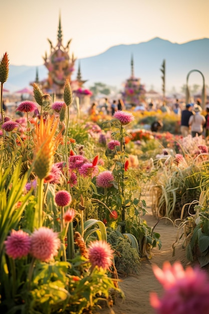 fleurs dans un jardin avec des montagnes en arrière-plan