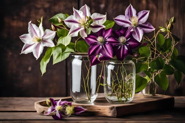 Des fleurs dans des jarres de verre sur une étagère en bois.