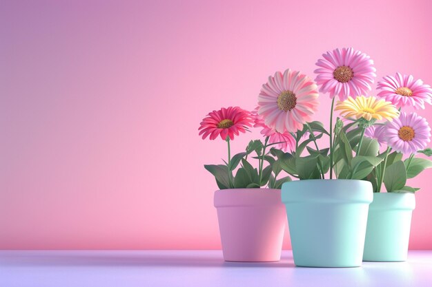 Des fleurs dans un pot dans le concept de croissance dans le style d'illustration 3D sur un fond coloré