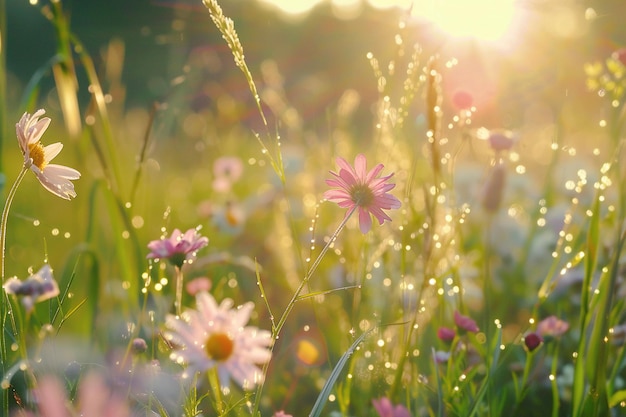 Des fleurs dans un pré par une journée ensoleillée.