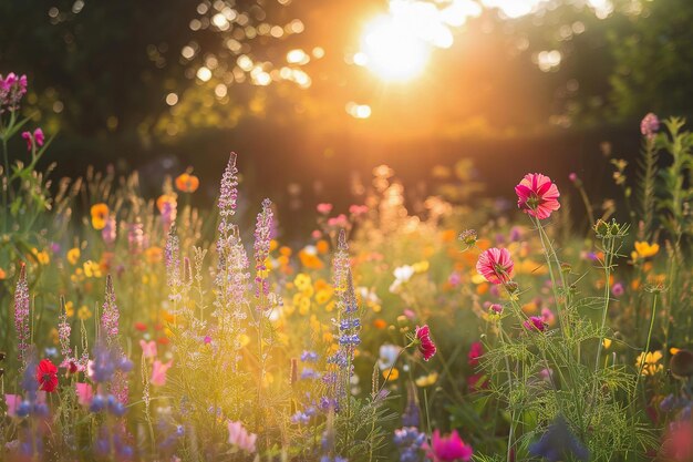 Des fleurs dans un pré par une journée ensoleillée.