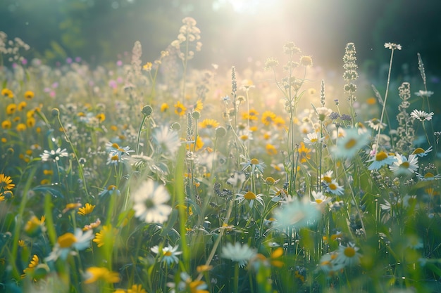 Des fleurs dans un pré par une journée ensoleillée.