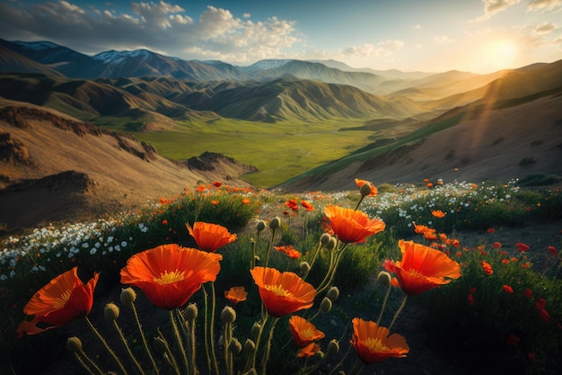 Fleurs dans la vallée entourée de chaînes de montagnes escarpées au printemps et en été