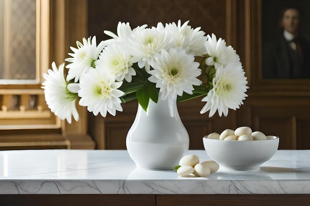 Fleurs dans un vase avec un bol de noix et un bol de noix.