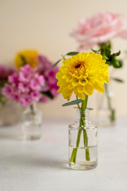 Fleurs dans un vase bouquet de fleurs d'été coloré carte de voeux de fleur de dahlia jaune