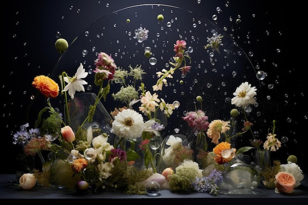 fleurs dans un vase avec de l'eau et des bulles