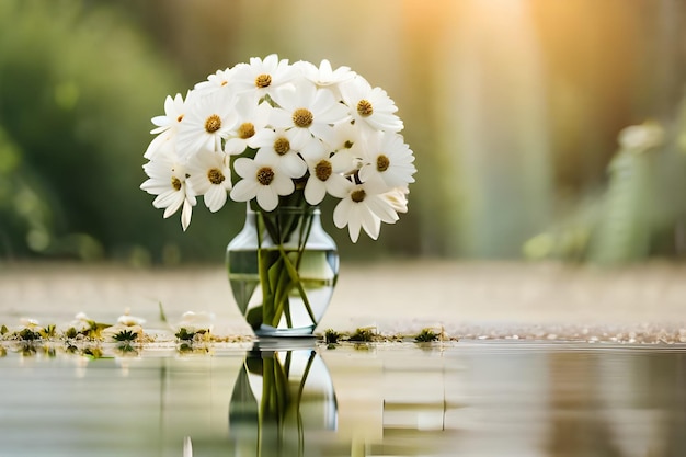 Fleurs dans un vase avec de l'eau et le soleil derrière elles