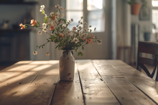 Photo des fleurs dans un vase sur une table de cuisine en bois