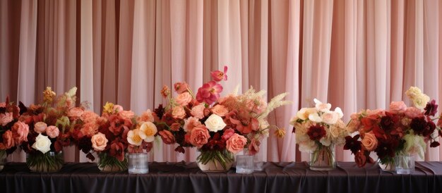 Des fleurs dans des vases sur une table avec un fond de rideau