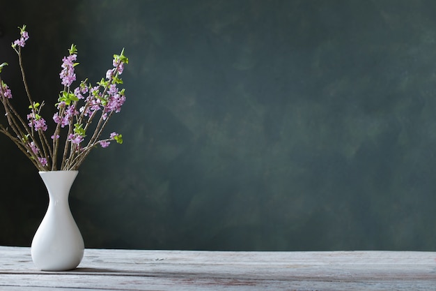 Fleurs de Daphné dans un vase sur la vieille table en bois sur fond mur vert