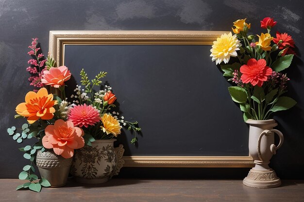 Des fleurs décoratives avec un tableau noir