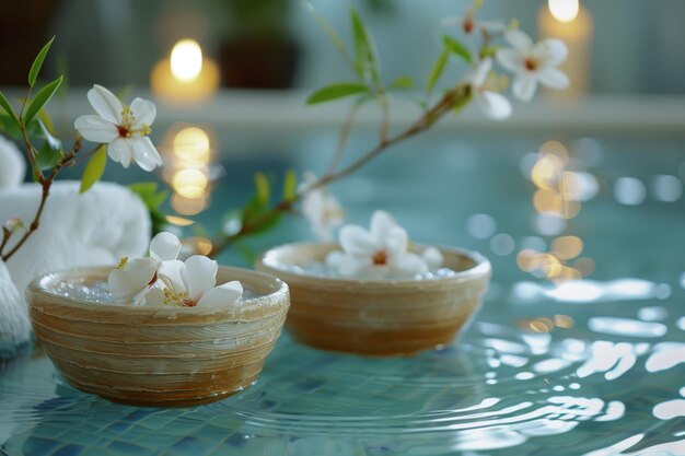 Des fleurs délicates flottent dans l'eau du spa accompagnées de bougies et de serviettes douces créant un sanctuaire.