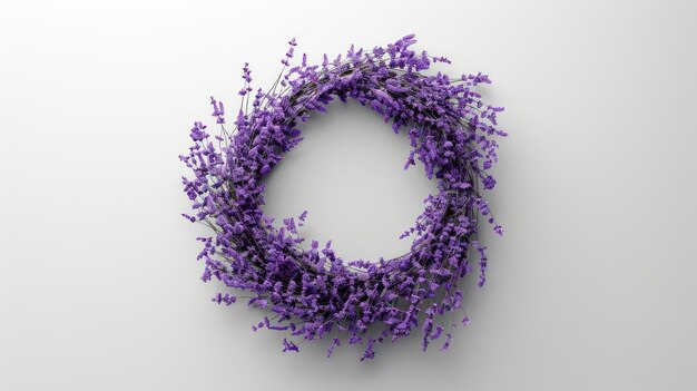 Photo des fleurs délicates de lavande et d'autres fleurs violettes disposées en couronne sur un fond blanc et délicat, idéales pour les projets de conception et de création.